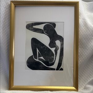 Abstract Figure Art Print Black & White Gold Framed 17x13 inches